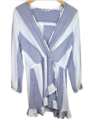 Blue Island Gauze Cover Up Faux Wrap Dress Sz L  Nautical Beachy Coastal Grandma